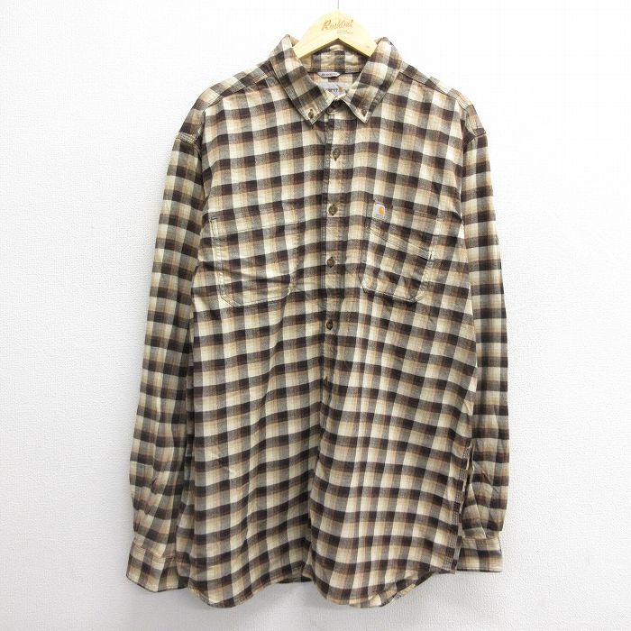XL★古着 カーハート Carhartt 長袖 フランネル シャツ メンズ ロング丈 ボタンダウン 茶他 ブラウン チェック 24nov25 中古 トップス