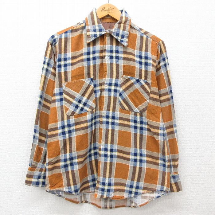 M★古着 長袖 フランネル シャツ メンズ 80年代 80s コットン ベージュ他 カーキ チェック 24nov26 中古 トップス