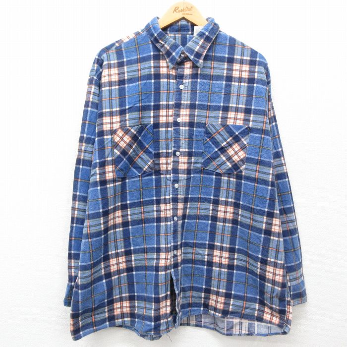 XL★古着 長袖 フランネル シャツ メンズ 90年代 90s 大きいサイズ コットン USA製 紺他 ネイビー チェック 24nov26 中古 トップス