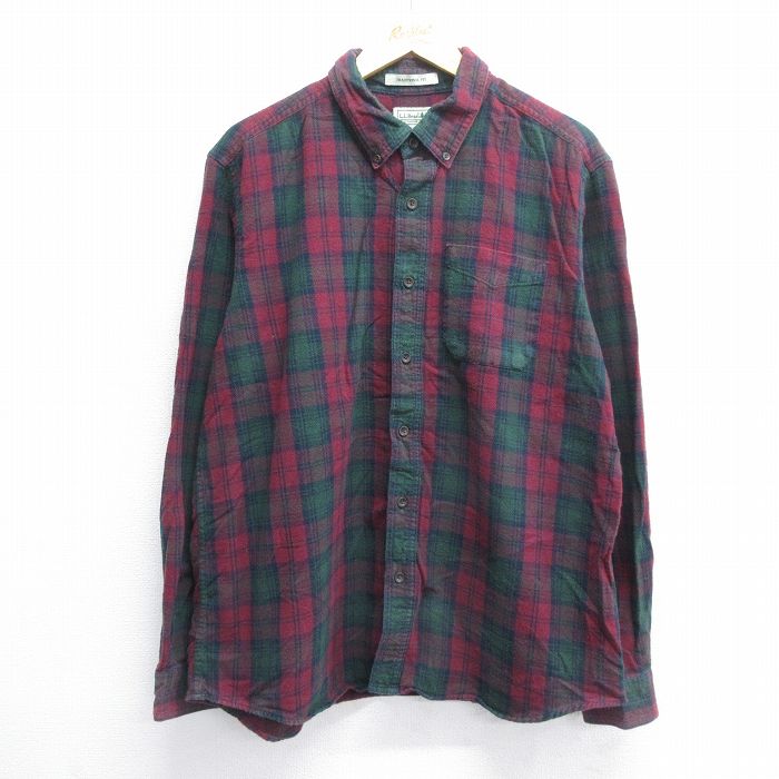XL★古着 エルエルビーン LLBEAN 長袖 ヘビー フランネル シャツ メンズ 00年代 00s コットン ボタンダウン エンジ他 チェック 24nov27 中古 トップス