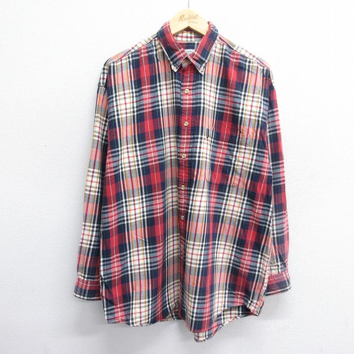 XL★古着 IZOD 長袖 フランネル シャツ メンズ 90年代 90s コットン ボタンダウン 赤他 レッド チェック 24nov27 中古 トップス