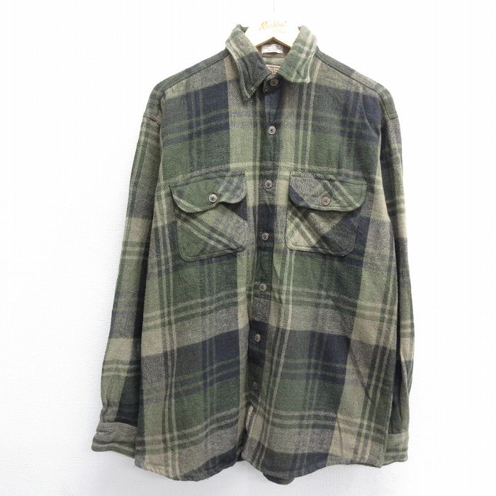 XL★古着 長袖 ヘビー フランネル シャツ メンズ コットン 緑他 グリーン チェック 24nov27 中古 トップス
