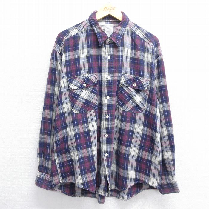 XL★古着 長袖 フランネル シャツ メンズ 大きいサイズ 紫他 パープル チェック 24nov27 中古 トップス