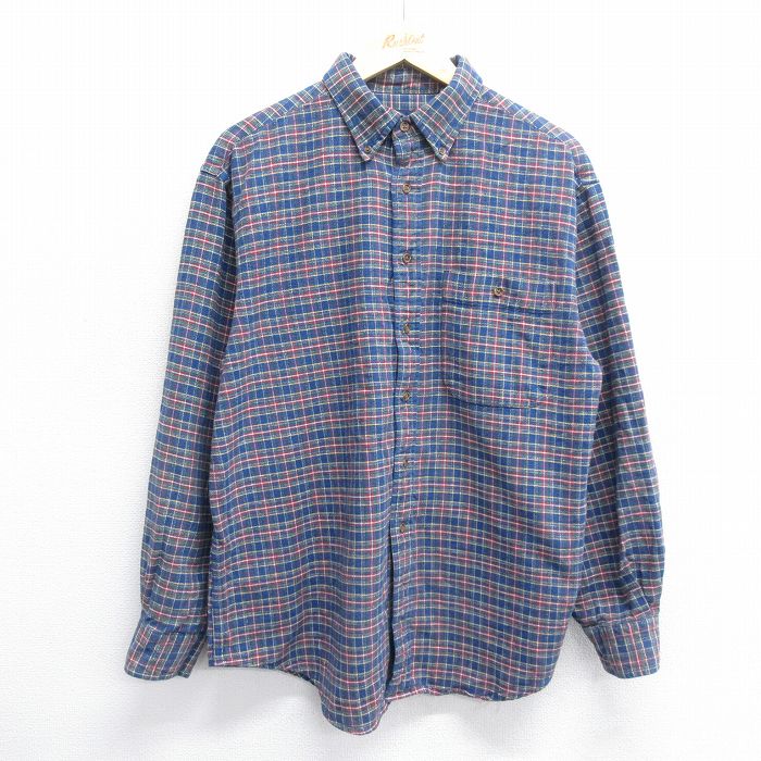 XL★古着 ランズエンド 長袖 フランネル シャツ メンズ 00年代 00s コットン ボタンダウン 紺他 ネイビー チェック 24nov27 中古 トップス