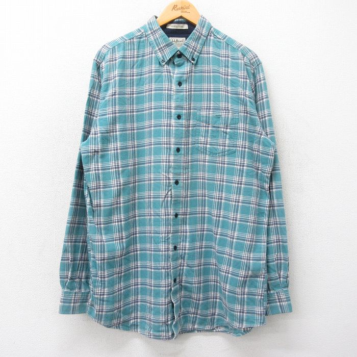 XL★古着 エルエルビーン LLBEAN 長袖 フランネル シャツ メンズ 00年代 00s ロング丈 コットン ボタンダウン 青緑他 チェック 24nov28 中古 トップス