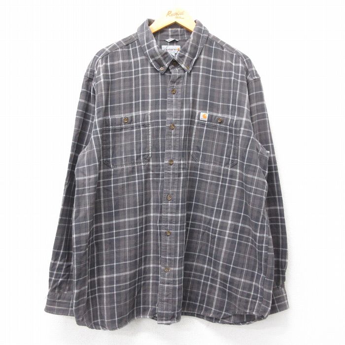 XL★古着 カーハート Carhartt 長袖 フランネル シャツ メンズ 大きいサイズ コットン ボタンダウン 濃グレー他 チェック 24nov28 中古 トップス
