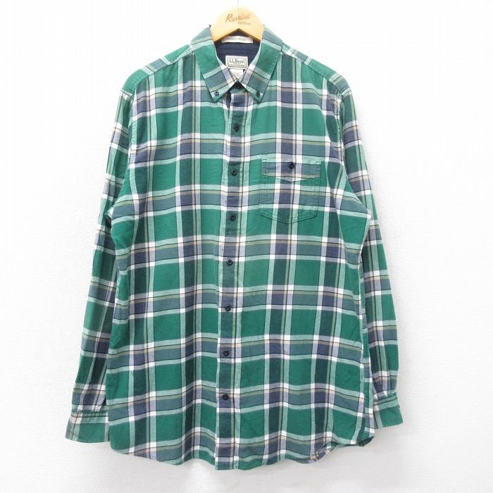 XL★古着 エルエルビーン LLBEAN 長袖 フランネル シャツ メンズ 00年代 00s ロング丈 コットン ボタンダウン 緑他 グリーン チェック 24nov28 中古 トップス