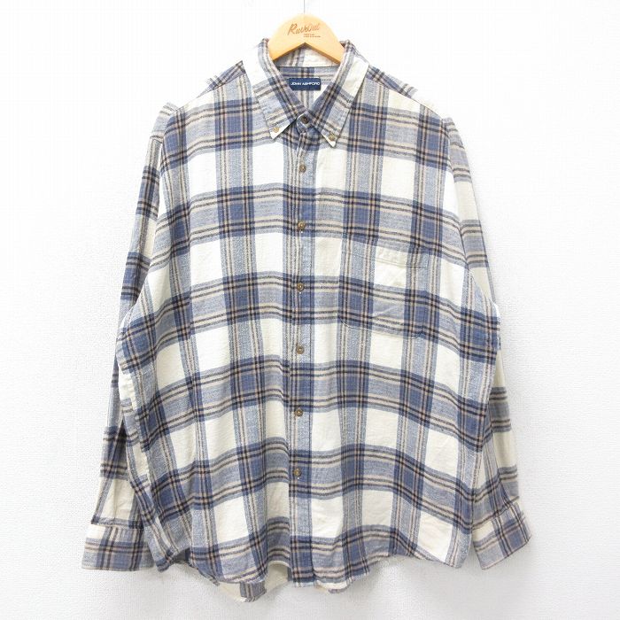 XL★古着 長袖 フランネル シャツ メンズ 大きいサイズ コットン ボタンダウン 紺他 ネイビー チェック 24nov28 中古 トップス