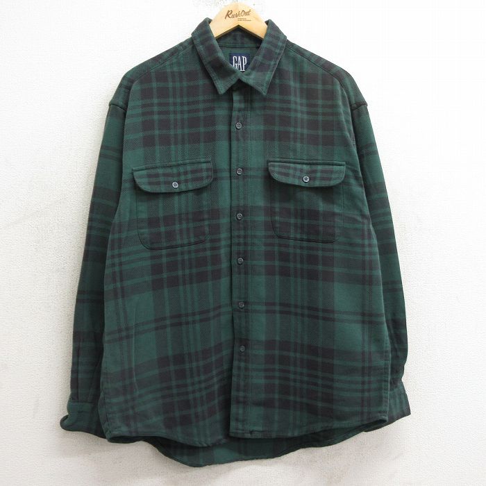 L★古着 ギャップ GAP 長袖 ヘビー フランネル シャツ メンズ 90年代 90s コットン 緑他 グリーン チェック 【spe】 24nov28 中古 トップス