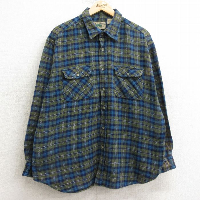XL★古着 長袖 フランネル シャツ メンズ 00年代 00s コットン 濃緑他 グリーン チェック 24nov28 中古 トップス