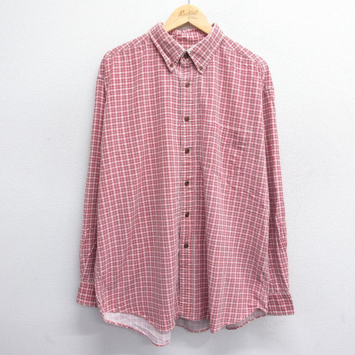 XL★古着 ジェイクルー J.CREW 長袖 フランネル シャツ メンズ 90年代 90s 大きいサイズ ロング丈 コットン ボタンダウン 赤系他 レッド チェック 24nov29 中古 トップス