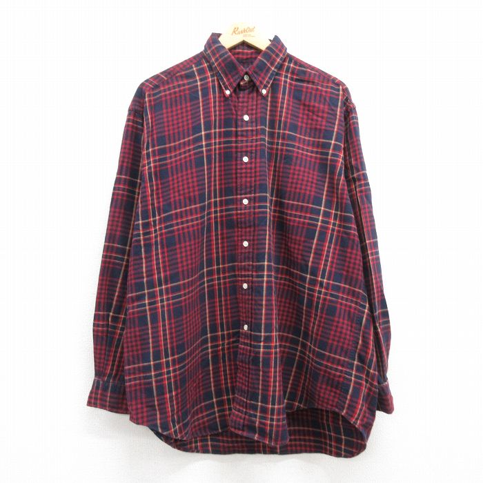 XL★古着 ラルフローレン Ralph Lauren 長袖 ブランド フランネル シャツ メンズ 90年代 90s ワンポイントロゴ BLAIRE コットン ボタンダウン 紺他 ネイビー チェック 24dec05 中古 トップス