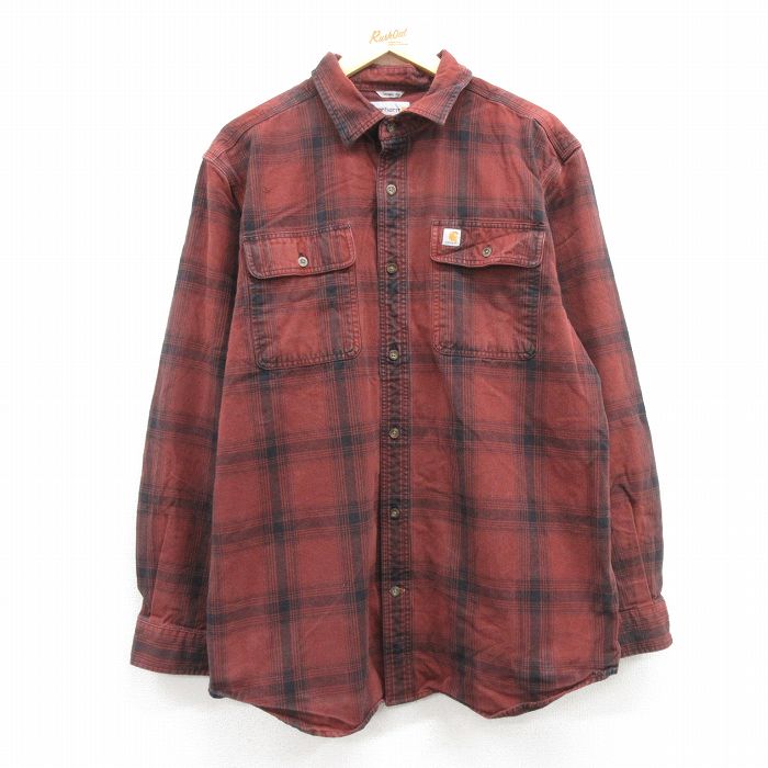 XL★古着 カーハート Carhartt 長袖 ヘビー フランネル シャツ メンズ ヘリンボーン 茶 ブラウン チェック 24dec05 中古 トップス