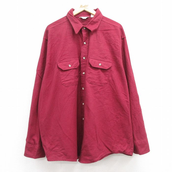 XL★古着 長袖 ヘビー フランネル シャツ メンズ 80年代 80s 大きいサイズ コットン USA製 エンジ 24dec05 中古 トップス