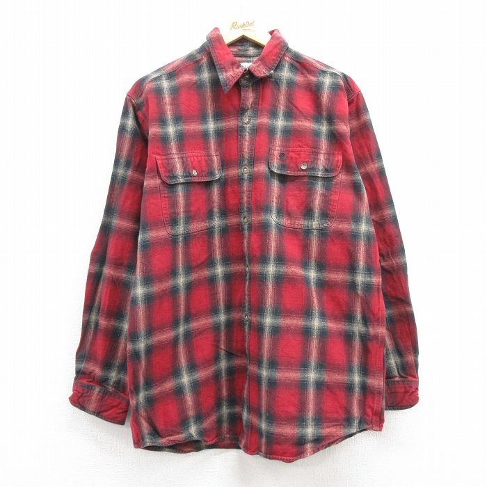 L★古着 カーハート Carhartt 長袖 ヘビー フランネル シャツ メンズ ワンポイントロゴ コットン エンジ他 チェック 24dec05 中古 トップス