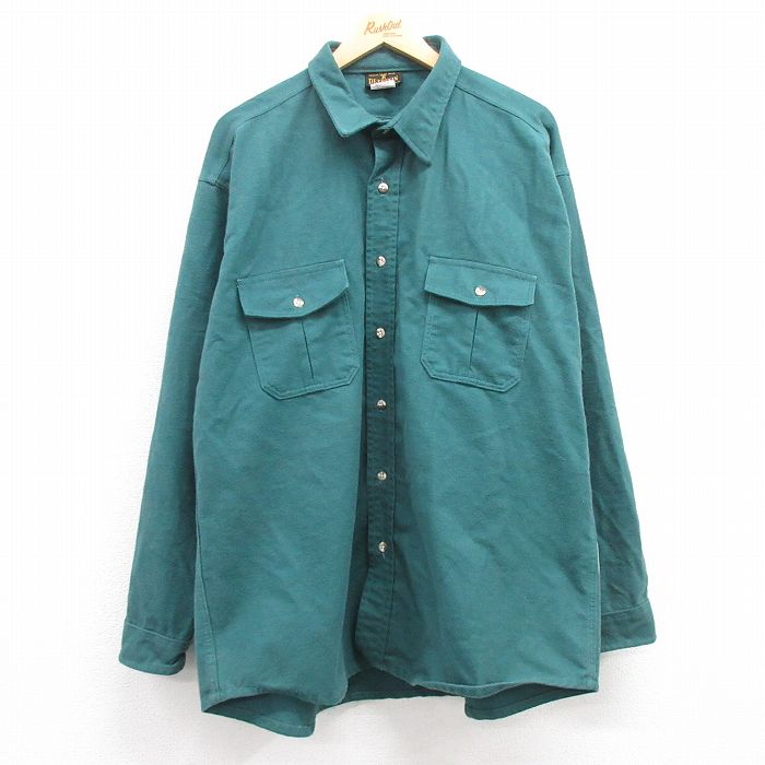 XL★古着 DEERSKIN 長袖 ヘビー フランネル シャツ メンズ 80年代 80s 大きいサイズ ロング丈 コットン USA製 青緑 24dec05 中古 トップス