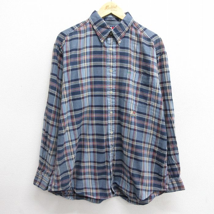XL★古着 トミーヒルフィガー TOMMY HILFIGER 長袖 ブランド フランネル シャツ メンズ 90年代 90s ワンポイントロゴ コットン ボタンダウン 紺他 ネイビー チェック 24dec05 中古 トップス