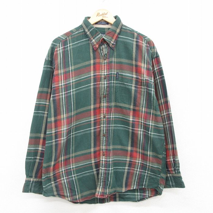 XL★古着 ラルフローレン Ralph Lauren チャップス 長袖 ブランド フランネル シャツ メンズ 90年代 90s コットン ボタンダウン 緑他 グリーン チェック 24dec06 中古 トップス