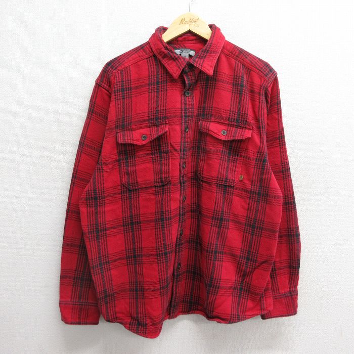 XL★古着 長袖 ヘビー フランネル シャツ メンズ 大きいサイズ コットン 赤他 レッド チェック 24dec07 中古 トップス