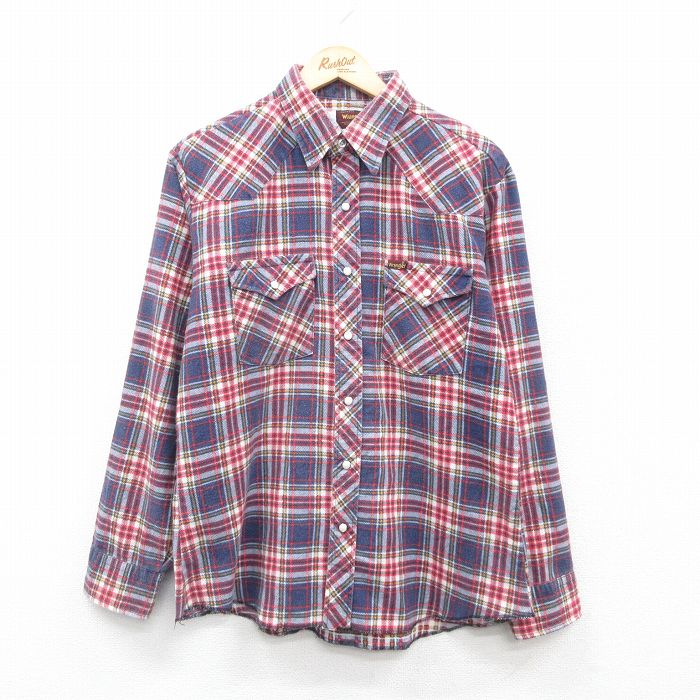 L★古着 ラングラー Wrangler 長袖 ウエスタン フランネル シャツ メンズ 80年代 80s USA製 紺他 ネイビー チェック 24dec09 中古 トップス