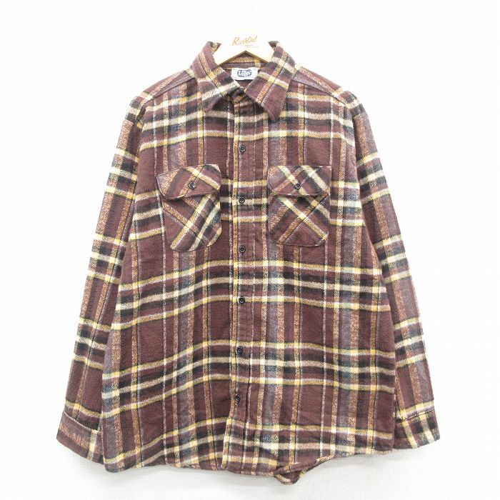 XL★古着 Mr.Leggs 長袖 ヘビー フランネル シャツ メンズ 80年代 80s ロング丈 USA製 茶他 ブラウン チェック 【spe】 24dec09 中古 トップス