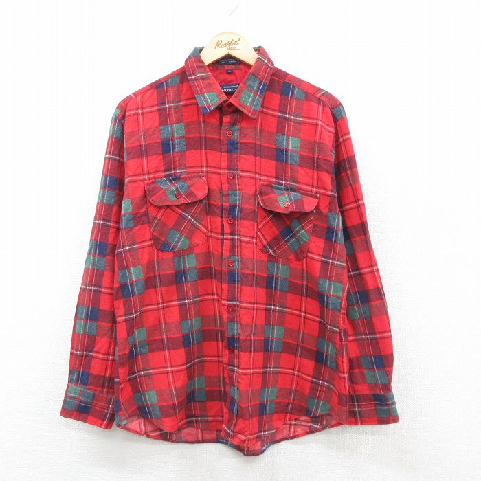 【50%OFF】L★古着 バンヒューセン 長袖 フランネル シャツ メンズ 00年代 00s 赤他 レッド チェック 24dec09 中古 トップス