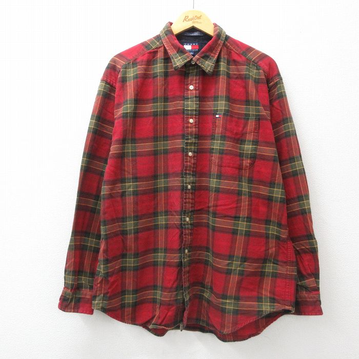 XL★古着 トミーヒルフィガー TOMMY HILFIGER 長袖 ブランド フランネル シャツ メンズ 90年代 90s ワンポイントロゴ 大きいサイズ コットン 赤他 レッド チェック 24dec16 中古 トップス