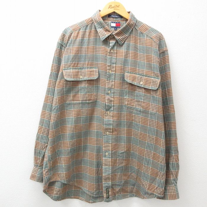 XL★古着 トミーヒルフィガー TOMMY HILFIGER 長袖 ブランド フランネル シャツ メンズ 90年代 90s 大きいサイズ ロング丈 コットン 緑系他 グリーン チェック 24dec16 中古 トップス