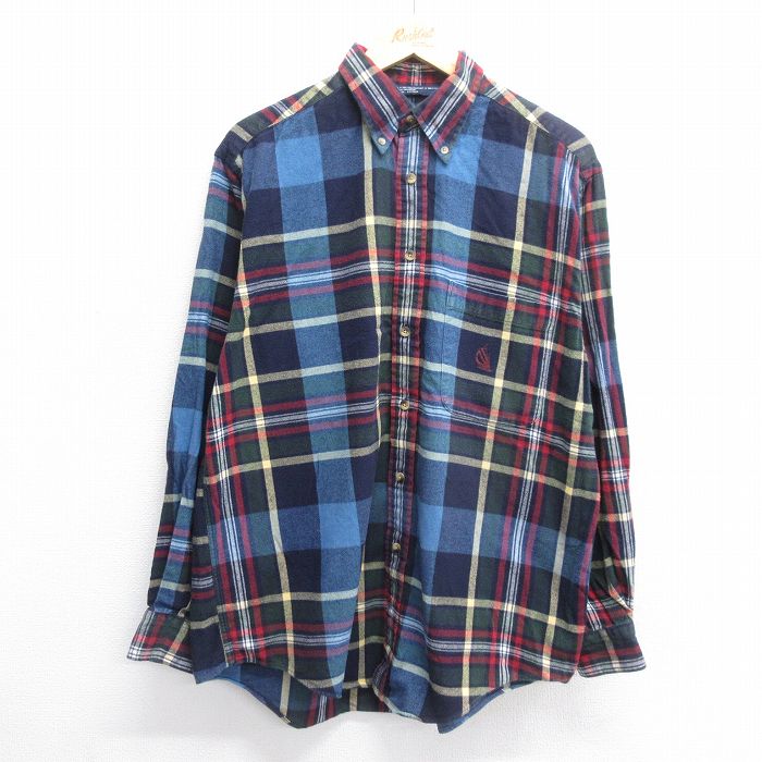 L★古着 ノーティカ NAUTICA 長袖 ブランド ヘビー フランネル シャツ メンズ 90年代 90s コットン ボタンダウン 紺他 ネイビー チェック 24dec16 中古 トップス