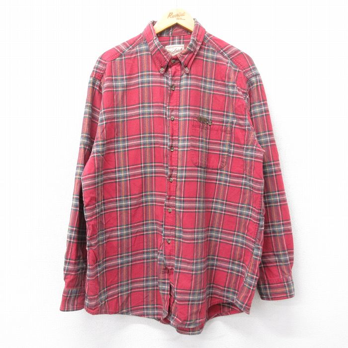 XL★古着 ウールリッチ WOOLRICH 長袖 ヘビー フランネル シャツ メンズ 00年代 00s ロング丈 コットン ボタンダウン 赤他 レッド チェック 24dec17 中古 トップス