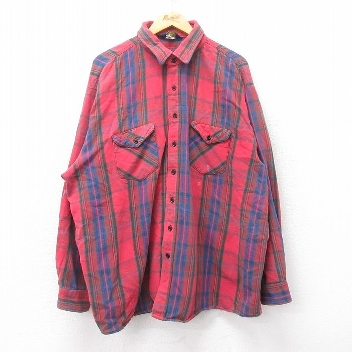 XL★古着 オシュコシュ OSHKOSH 長袖 ヘビー フランネル シャツ メンズ 90年代 90s 大きいサイズ ロング丈 コットン 赤他 レッド チェック 24dec17 中古 トップス