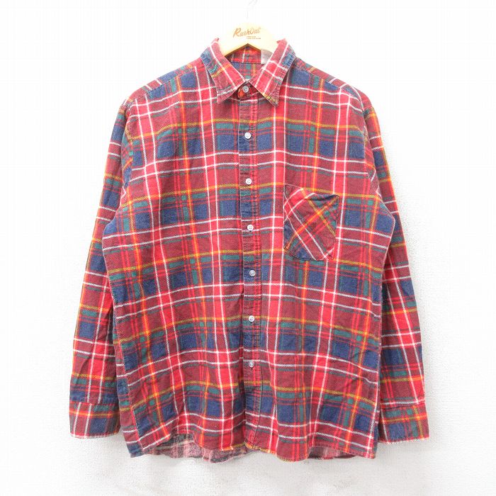 L★古着 長袖 フランネル シャツ メンズ 90年代 90s コットン USA製 紺他 ネイビー チェック 24dec17 中古 トップス