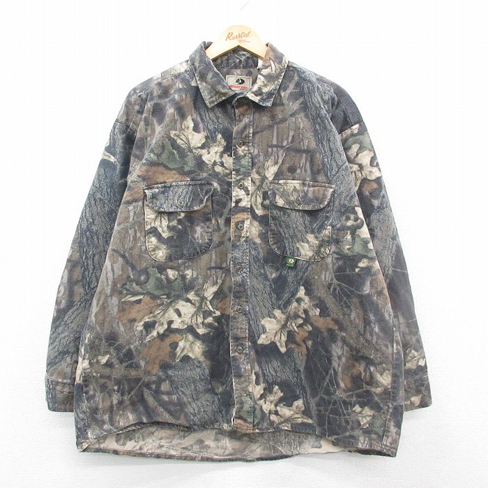 XL★古着 長袖 ヘビー フランネル シャツ メンズ 90年代 90s モッシーオーク 大きいサイズ コットン USA製 茶他 ブラウン 迷彩 【spe】 24dec17 中古 トップス
