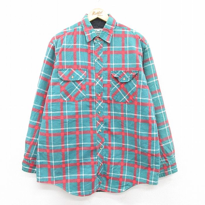 XL★古着 長袖 フランネル シャツ メンズ 00年代 00s ロング丈 青緑他 チェック 内側キルティング 24dec21 中古 トップス