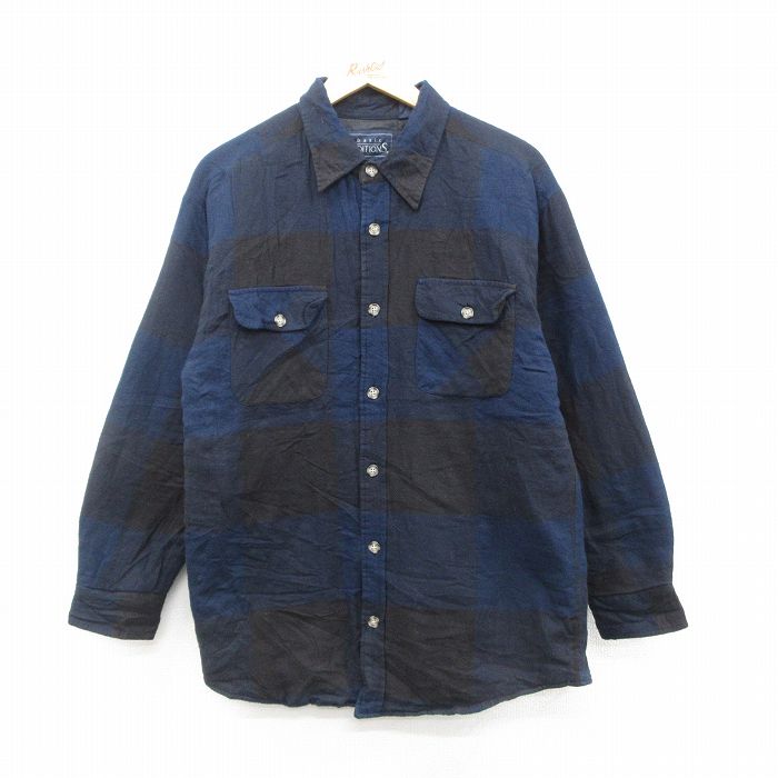 M★古着 ベーシックエディションズ 長袖 フランネル シャツ メンズ 00年代 00s コットン 黒他 ブラック 内側キルティング 24dec21 中古 トップス