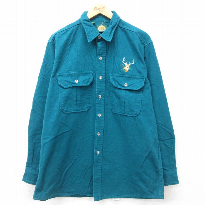 XL★古着 カベラス 長袖 ヘビー フランネル シャツ メンズ 90年代 90s シカ 大きいサイズ ロング丈 コットン USA製 青緑 24dec26 中古 トップス