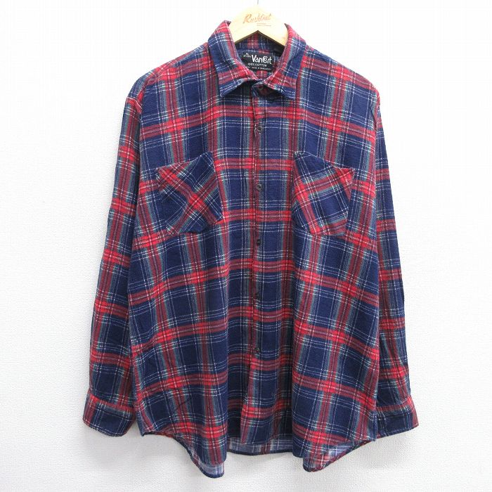 XL★古着 長袖 フランネル シャツ メンズ 90年代 90s 大きいサイズ コットン 濃紺他 ネイビー チェック 24dec26 中古 トップス