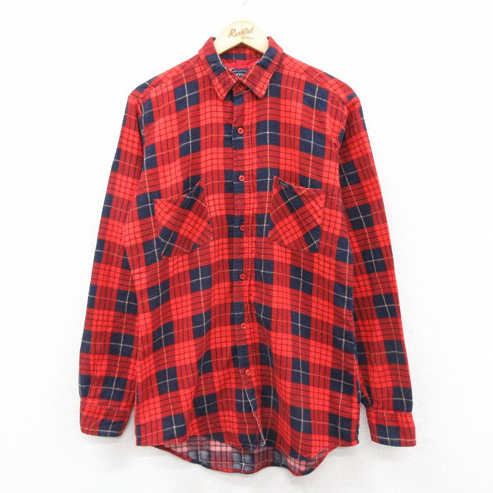 M★古着 ラングラー Wrangler 長袖 フランネル シャツ メンズ 90年代 90s　ロング丈 赤他 レッド チェック 25jan08 中古 トップス