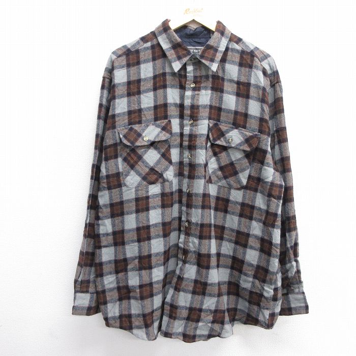 XL★古着 長袖 ウール シャツ メンズ 90年代 90s 大きいサイズ ロング丈 グレー他 チェック 25jan16 中古 トップス