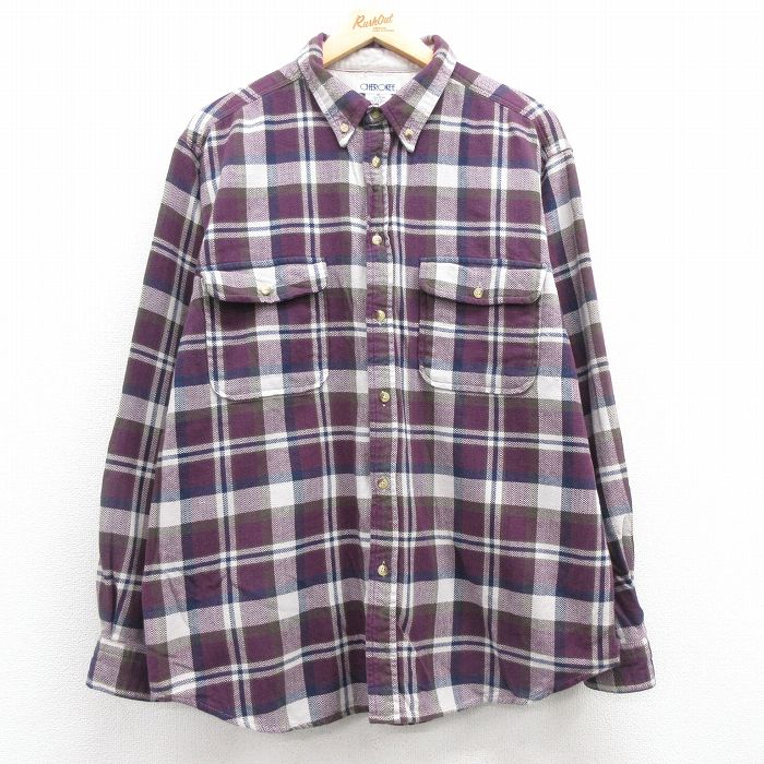 XL★古着 チェロキー 長袖 ヘビー フランネル シャツ メンズ 00年代 00s 大きいサイズ ボタンダウン 紫他 パープル チェック 25jan27 中古 トップス