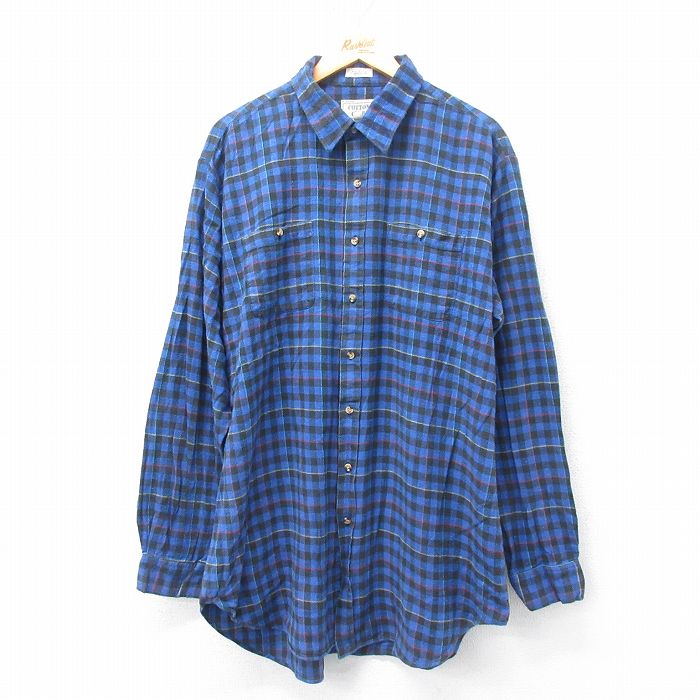 XL★古着 長袖 フランネル シャツ メンズ 90年代 90s 大きいサイズ コットン USA製 青 ブルー 【spe】 25jan31 中古 トップス