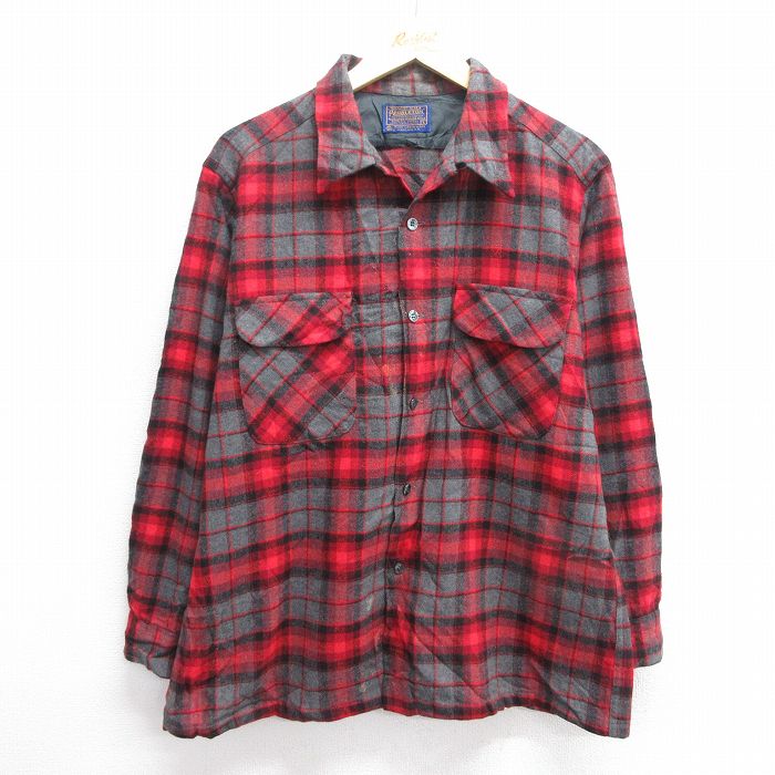L★古着 ペンドルトン PENDLETON 長袖 ウール シャツ メンズ 80年代 80s 開襟 オープンカラー USA製 赤他 レッド チェック 25feb04 中古 トップス