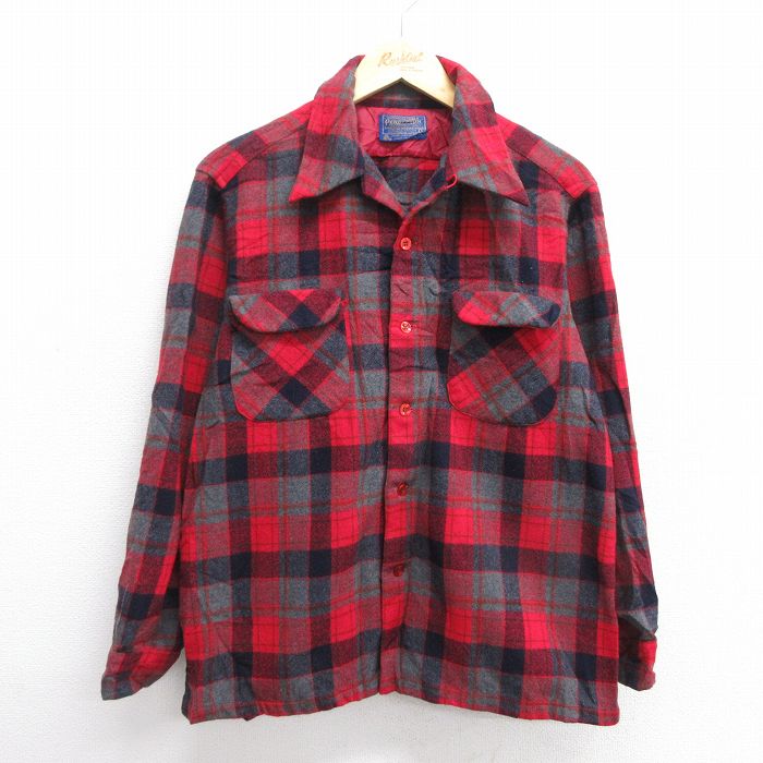 L★古着 ペンドルトン PENDLETON 長袖 ウール シャツ メンズ 80年代 80s 開襟 オープンカラー USA製 赤他 レッド チェック 25feb04 中古 トップス