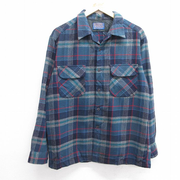 L★古着 ペンドルトン PENDLETON 長袖 ウール シャツ メンズ 80年代 80s 開襟 オープンカラー USA製 濃紺他 ネイビー チェック 25feb04 中古 トップス