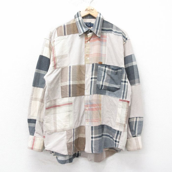 L★古着 長袖 フランネル シャツ メンズ 90年代 90s パッチワーク フリース使用 コットン イタリア製 ベージュ他 カーキ チェック 【spe】 25feb04 中古 トップス