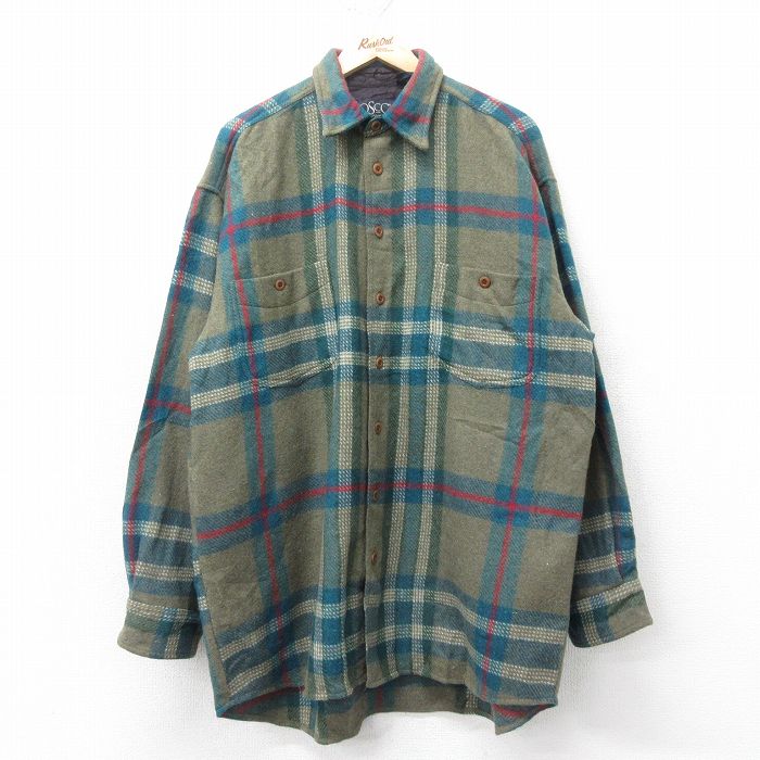 XL★古着 長袖 ウール シャツ メンズ 90年代 90s ヒジ当て 大きいサイズ ロング丈 緑他 グリーン チェック 25feb04 中古 トップス