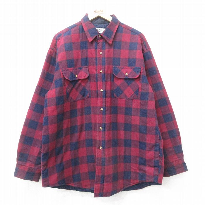 XL★古着 ベーシックエディションズ 長袖 フランネル シャツ メンズ 00年代 00s エンジ他 チェック 内側キルティング 25feb04 中古 トップス