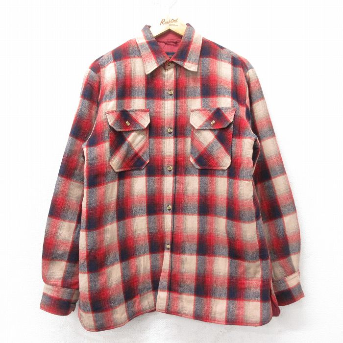 L★古着 長袖 ウール シャツ メンズ 90年代 90s 赤他 レッド チェック 内側キルティング 25feb04 中古 トップス