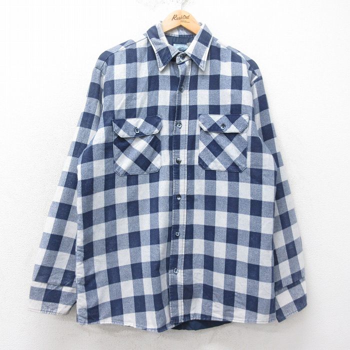 XL★古着 長袖 フランネル シャツ メンズ 90年代 90s USA製 紺他 ネイビー チェック 内側キルティング 25feb04 中古 トップス