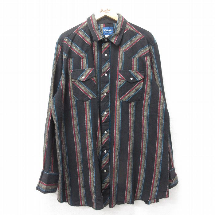 XL★古着 ラングラー Wrangler 長袖 フランネル ウエスタン シャツ メンズ 大きいサイズ ロング丈 コットン 黒他 ブラック ストライプ 25feb04 中古 トップス